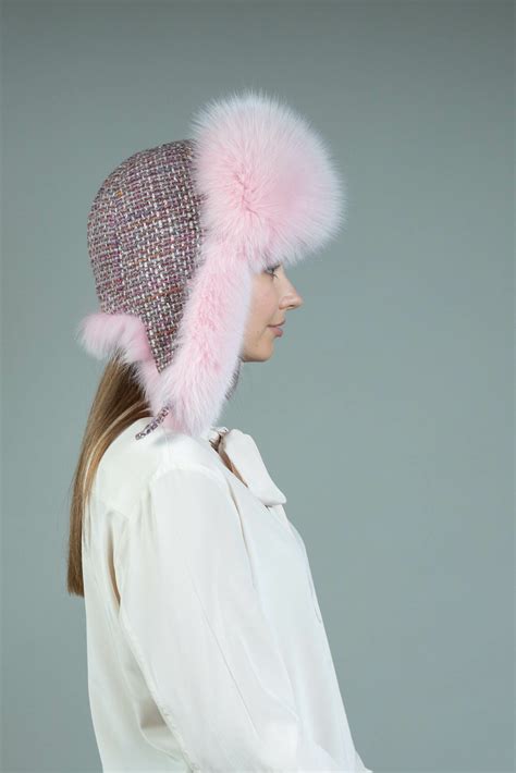 Pink Fox Fur Hat With Ear Flaps Handmade By NordFur