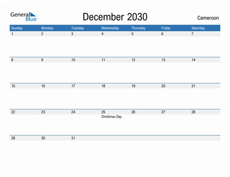 Editable December 2030 Calendar With Cameroon Holidays