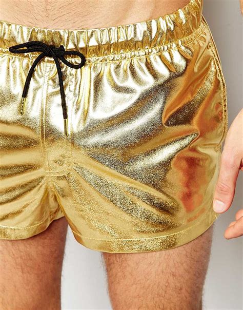 Asos Synthetic Swim Shorts In Metallic Gold Short Length For Men Lyst