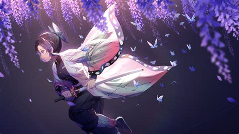 Demon Slayer Shinobu Kochou With Sword Under Purple Flowers With Black