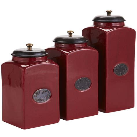 Ceramic Canister Sets For Kitchen Red Durable Set Of Four 4 Square