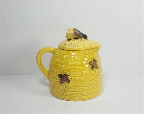 Vintage Beehive Honey Pot Bumble Bee Honey Bee Yellow Ceramic Hand Painted Kitchen Decor Honey