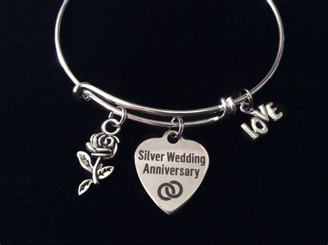 Silver Wedding Anniversary Expandable Charm Bracelet Adjustable Bangle