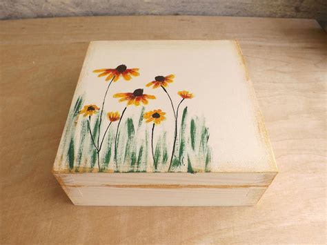 Wood Small Box With Coneflowers Hand Painted Echinacea Flower Etsy