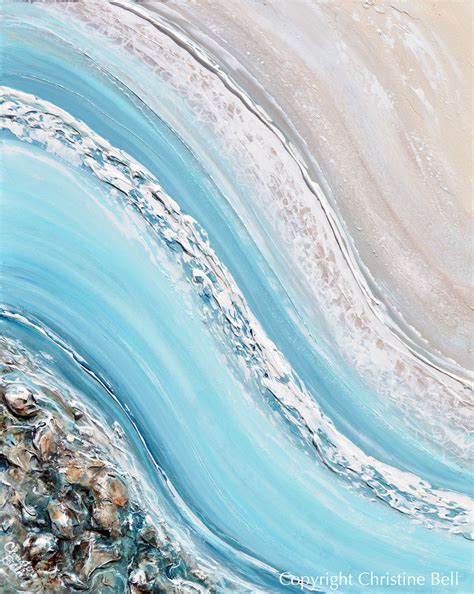 Original Abstract Ocean Painting Coastal Blue White Rocks Beach Decor