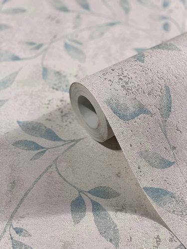Non Woven Wallpaper Floral Leaves Metallic White Blue 32631