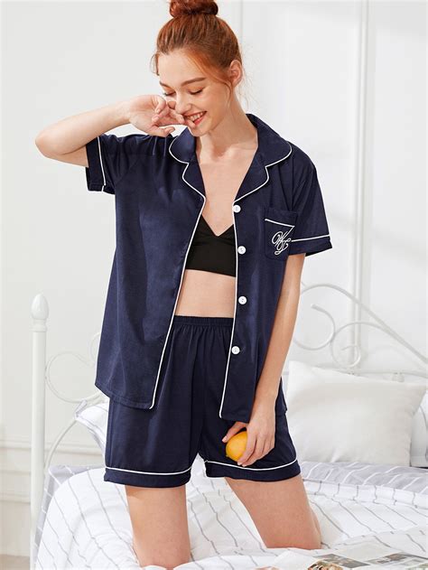 ensemble de pyjama chemisier brodé contrasté and short french shein sheinside chemisier brodé