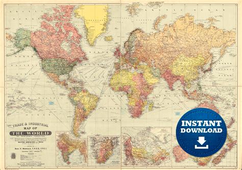 Digital Vintage Colorful World Map Printable Download Vintage World Map Poster Map Detailed
