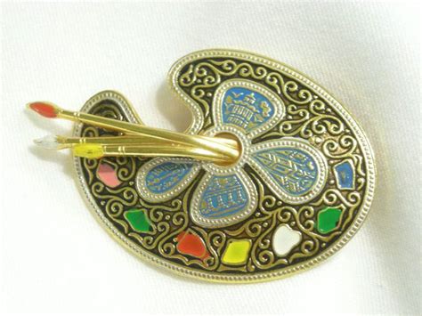 Spain Damascene Artist Palette And Paint Brush Brooch Pin Signed