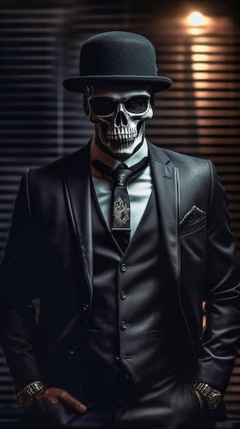 Premium Ai Image Gangster Skull Wearing Black Suite Tattoos Facing