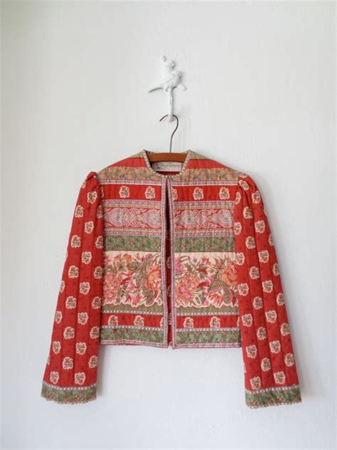 Quilted Jacket Vintage 80s Boho Cropped Folk Blazer Medium