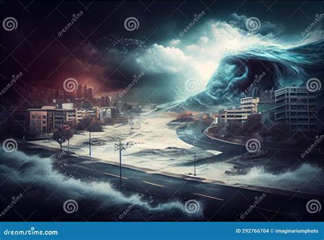 Tsunami With A Big Wave Crashing On Coast Houses Stock Photo Image Of