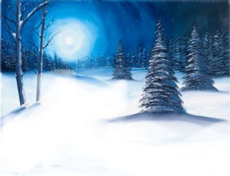 Winter Landscape Painting With Moon And Trees