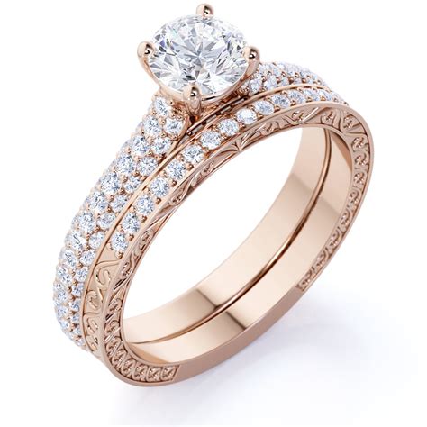 Jeenmata 125 Ct Real Round Diamond Antique Victorian Pave Vintage Wedding Ring Set