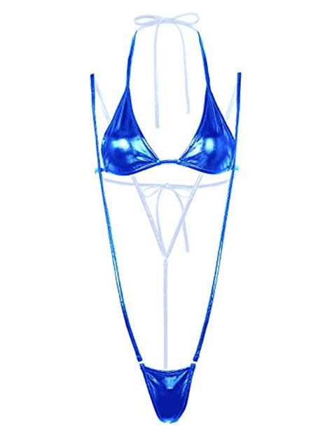Qinciao Womens Metallic Slingshot Bikini Set Halter Bra Top And Micro Thong Swimsuits Blue One