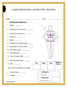 Personal Body Measurement Guide Chart For Sewing By The Fcs Shoppe