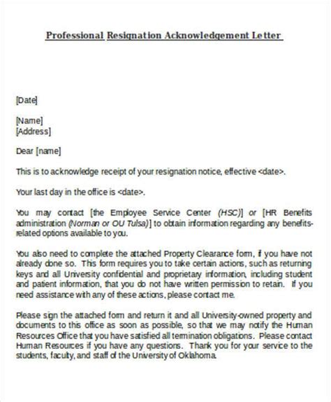 9 Resignation Acknowledgement Letter Templates Free Pdf Word Format