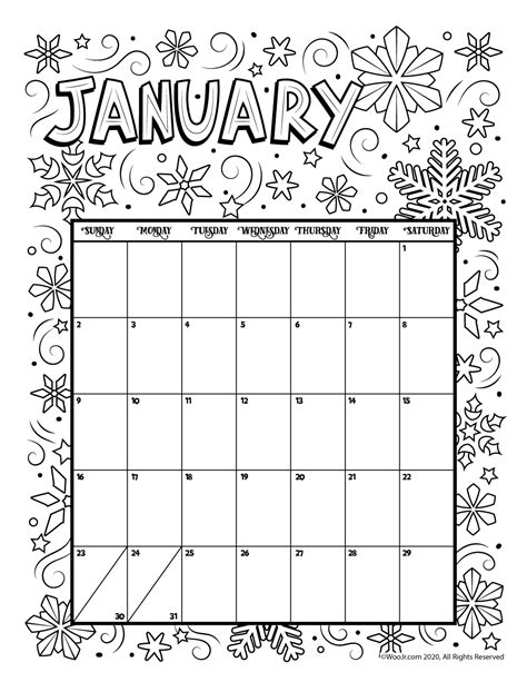 January 2022 Printable Coloring Calendar Page Woo Jr Kids