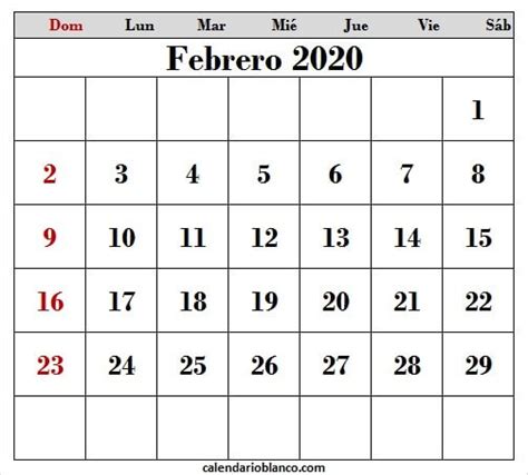 Calendario Febrero 2020 Para Imprimir Gratis