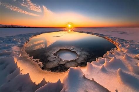 Premium Photo A Beautiful Frozen Lake At Sunset