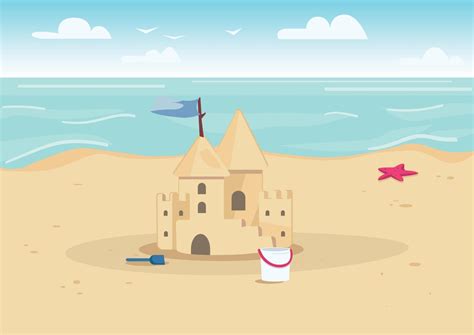 Castillo de arena en la playa ilustración vectorial de color plano