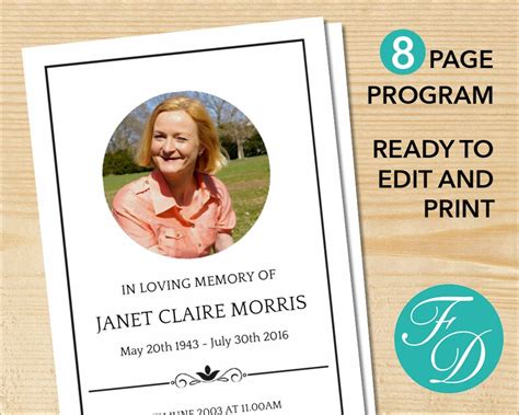 8 Page Classic Funeral Program Template Celebration Of Life Etsy