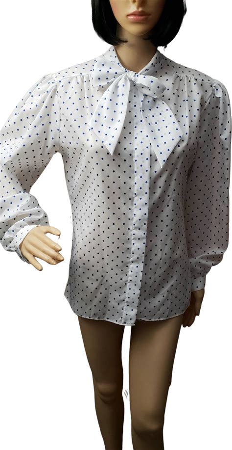 80s white and blue polka dot pussy bow blouse by laura mae by laura mae artofit