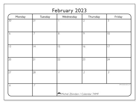 February 2023 Printable Calendar “501ms” Michel Zbinden Uk