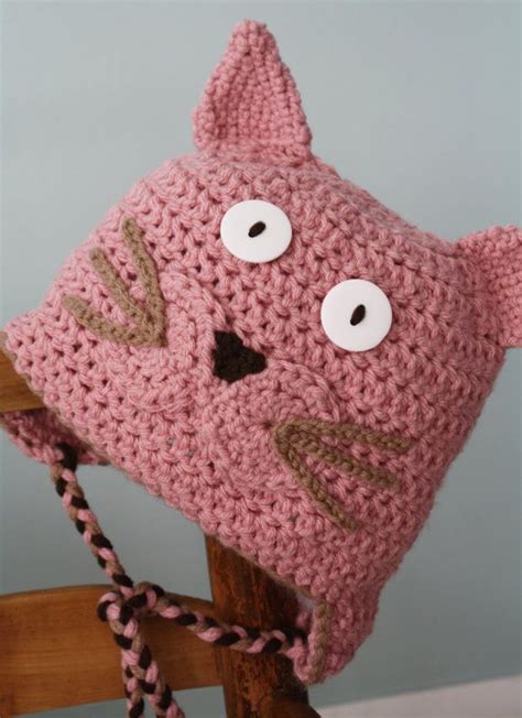 Cat Hat Pink Kitty Hat Earflap Hat Crochet Beanie Winter Etsy Cat