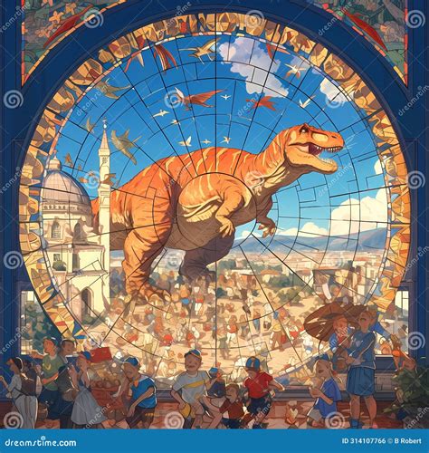 Time-Traveling T-Rex Stained Glass Window Stock Illustration