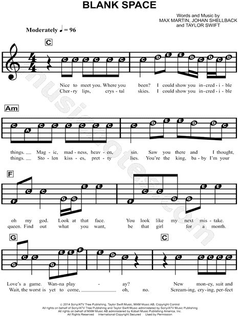 Taylor Swift Blank Space Sheet Music For Beginners In C Major