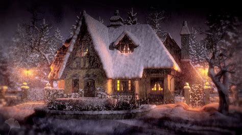Cottage On A Snowy Evening Hd Wallpaper Background Image