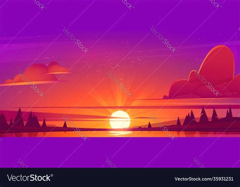 Sunset Landscape With Lake And Trees Royalty Free Vector