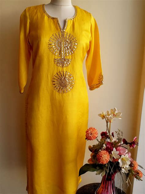 Yellow Gota Patti Kurta Dress Indian Style Dresses With Sleeves Fashion
