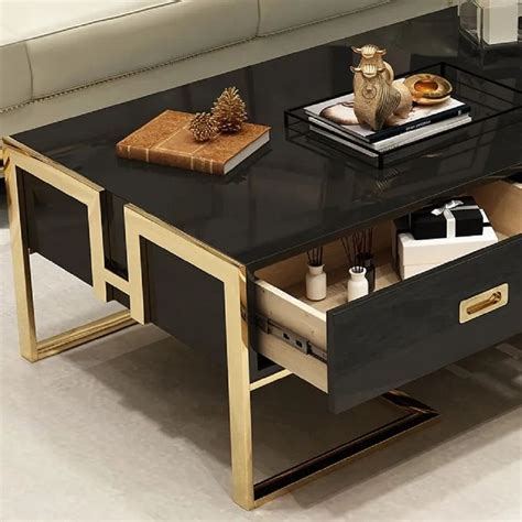 Jocise Contemporary Black Rectangular Coffee Table With Drawers Lacquer