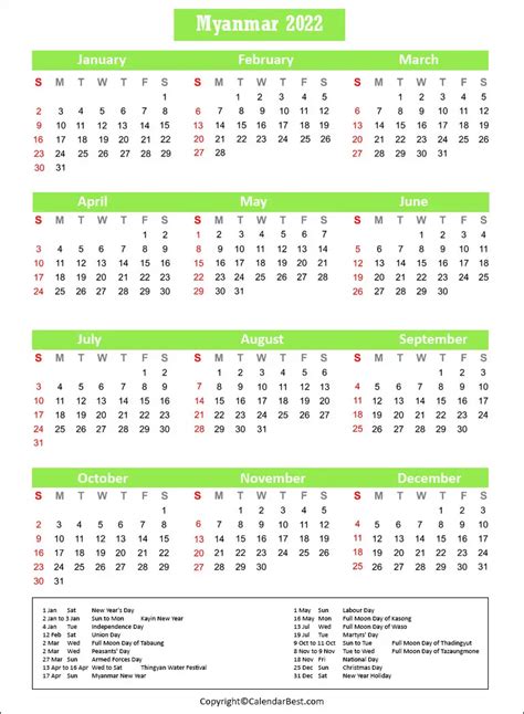 Free Printable Myanmar Calendar 2022 With Holidays