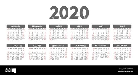 Calendar 2020 Year Black And White Vector Template Week Starts On