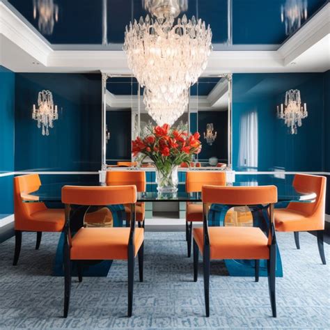 An Elegant Dining Room With Blue Walls And Orange Chairs Chandelier