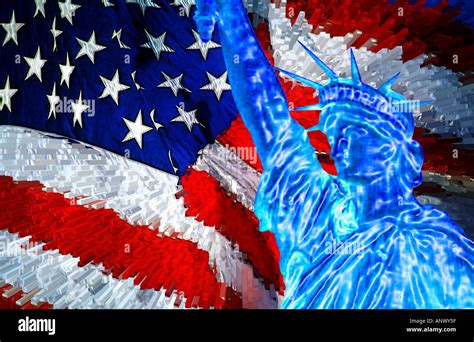 american usa stars and stripes flag blowing in wind graphic photo illustration with statue of