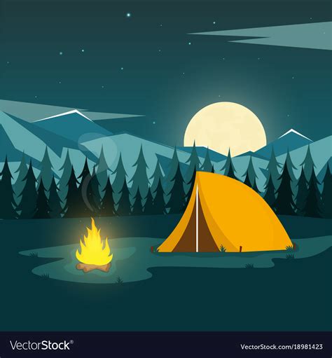 Summer Camp Night Camping Campfire Pine Forest Vector Image