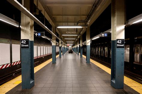 A Nearly Empty Subway Platform Is Seen At The 42nd Street Subway