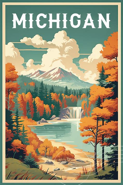 A Poster With The Words Michigan In Front Of A Lake And Mountain Range