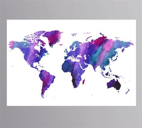 Large World Map World Map Watercolor Iris Purple World Map Etsy