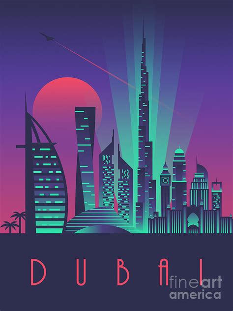 Dubai City Skyline Retro Art Deco Tourism Night Digital Art By
