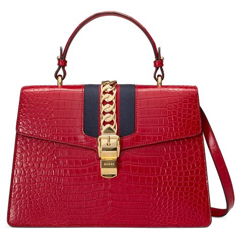Gucci Sylvie Crocodile Top Handle Bag In Red Lyst