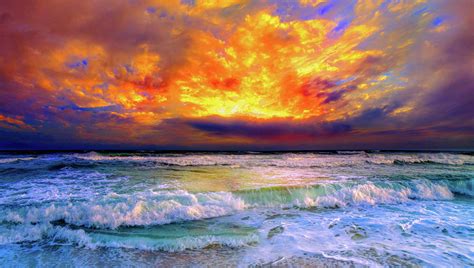 Firery Red Orange Sunset Reflection Ocean Waves Photograph By Eszra