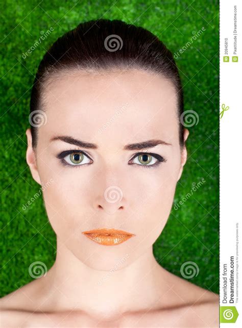 Portrait Serious Beautiful Woman Green Eyes Glossy Stock