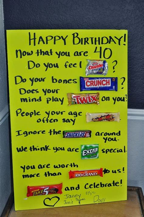 We can do any age!get matching if you are looking for an inexpensive and cute 40th birthday party decoration or gift idea then check this. Happy Birthday Signs Made With Candy Bars cakepins.com ...