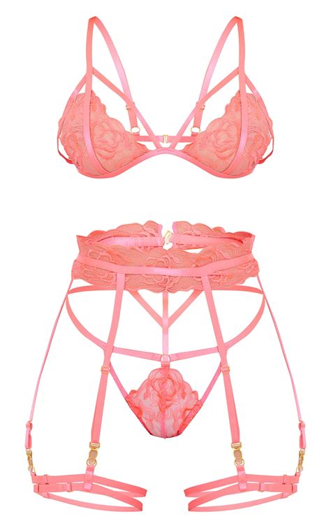 hot pink floral embroidered harness lingerie set prettylittlething qa