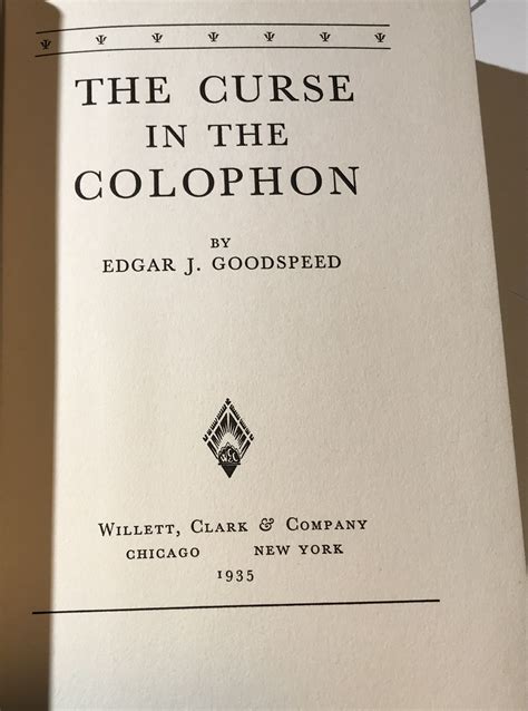 The Curse In The Colophon Par Goodspeed Edgar J Fine Hardcover 1935